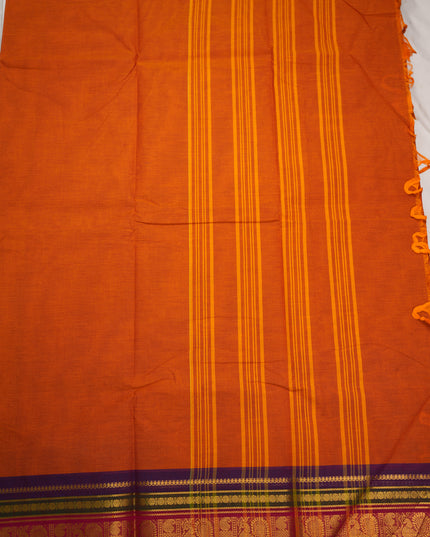 Premium Kanchi Handloom Cotton Saree in Rustic Burnt Orange with Rich Gold Zari Paisley Weaving & Contrast Rani Pink-Emerald Green-Royal Purple Border
