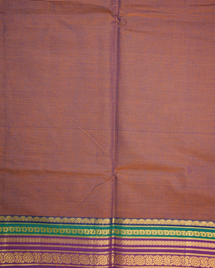 Premium Kanchi Handloom Cotton Saree in Deep Coffee Brown with Traditional Gold Zari Floral Weaving & Contrast Emerald Green-Rani Pink-Royal Blue Border