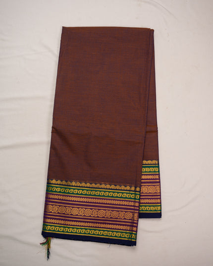 Premium Kanchi Handloom Cotton Saree in Deep Coffee Brown with Traditional Gold Zari Floral Weaving & Contrast Emerald Green-Rani Pink-Royal Blue Border