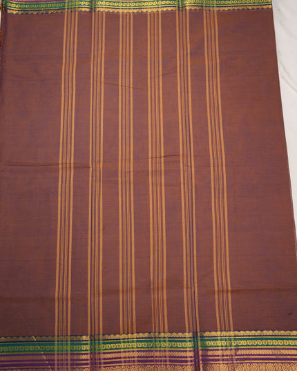 Premium Kanchi Handloom Cotton Saree in Deep Coffee Brown with Traditional Gold Zari Floral Weaving & Contrast Emerald Green-Rani Pink-Royal Blue Border