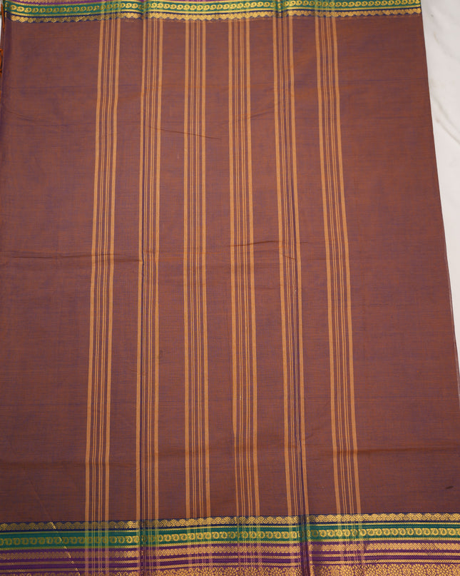 Premium Kanchi Handloom Cotton Saree in Deep Coffee Brown with Traditional Gold Zari Floral Weaving & Contrast Emerald Green-Rani Pink-Royal Blue Border