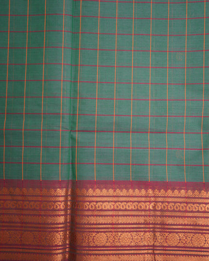 Premium Kanchi Handloom Cotton Saree in Sea Green Checks with Gold Butta Motifs & Rich Gold Zari Rani Pink Border