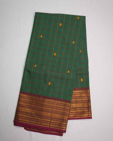 Premium Kanchi Handloom Cotton Saree in Sea Green Checks with Gold Butta Motifs & Rich Gold Zari Rani Pink Border