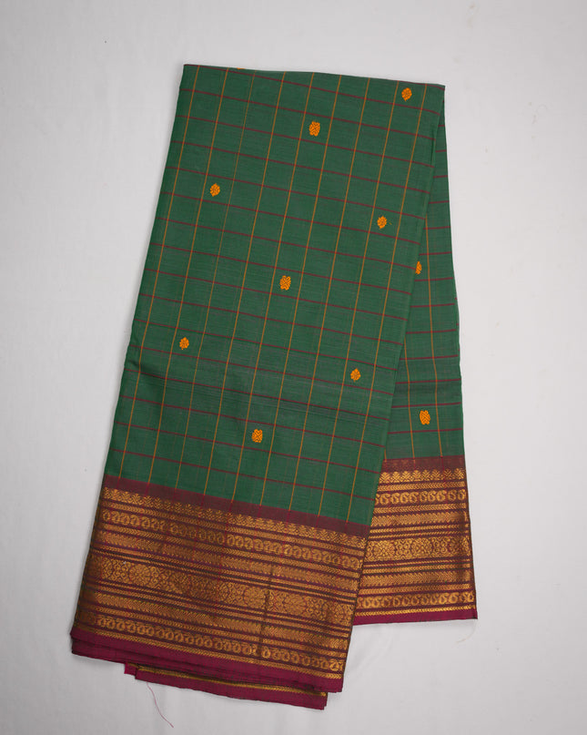Premium Kanchi Handloom Cotton Saree in Sea Green Checks with Gold Butta Motifs & Rich Gold Zari Rani Pink Border