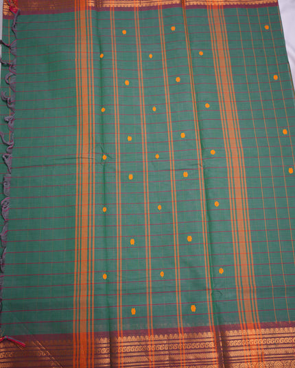 Premium Kanchi Handloom Cotton Saree in Sea Green Checks with Gold Butta Motifs & Rich Gold Zari Rani Pink Border