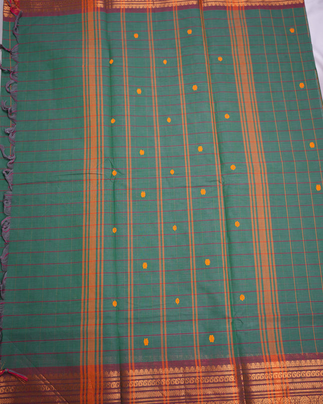 Premium Kanchi Handloom Cotton Saree in Sea Green Checks with Gold Butta Motifs & Rich Gold Zari Rani Pink Border