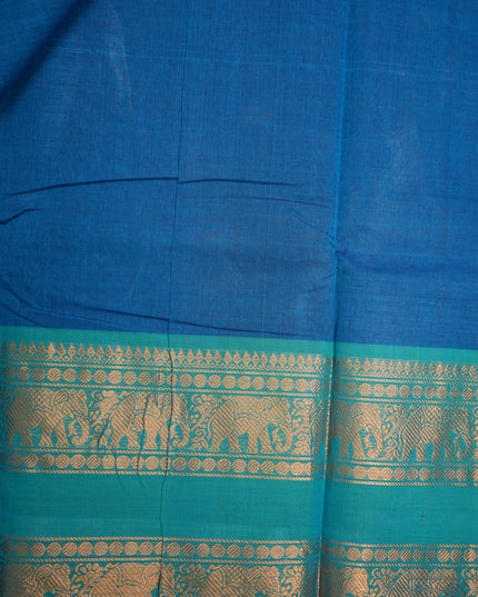 Premium Kanchi Handloom Cotton Saree in Royal Blue with Traditional Butta Motifs & Rich Gold Zari Emerald Green Elephant Border
