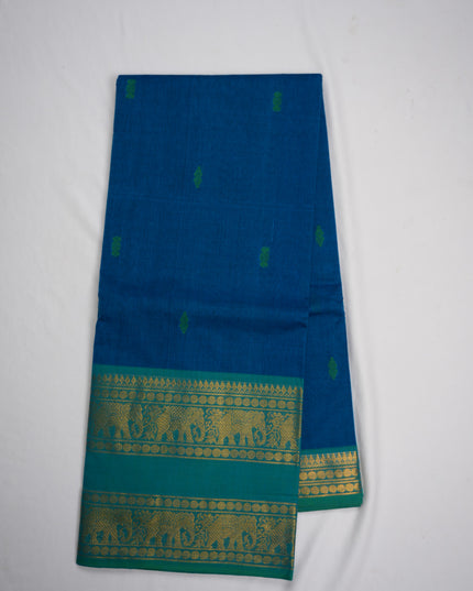Premium Kanchi Handloom Cotton Saree in Royal Blue with Traditional Butta Motifs & Rich Gold Zari Emerald Green Elephant Border