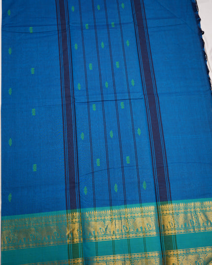 Premium Kanchi Handloom Cotton Saree in Royal Blue with Traditional Butta Motifs & Rich Gold Zari Emerald Green Elephant Border