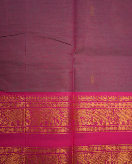 Premium Kanchi Handloom Cotton Saree in Rich Maroon Wine with Gold Butta Motifs & Rich Gold Zari Rani Pink Elephant Border