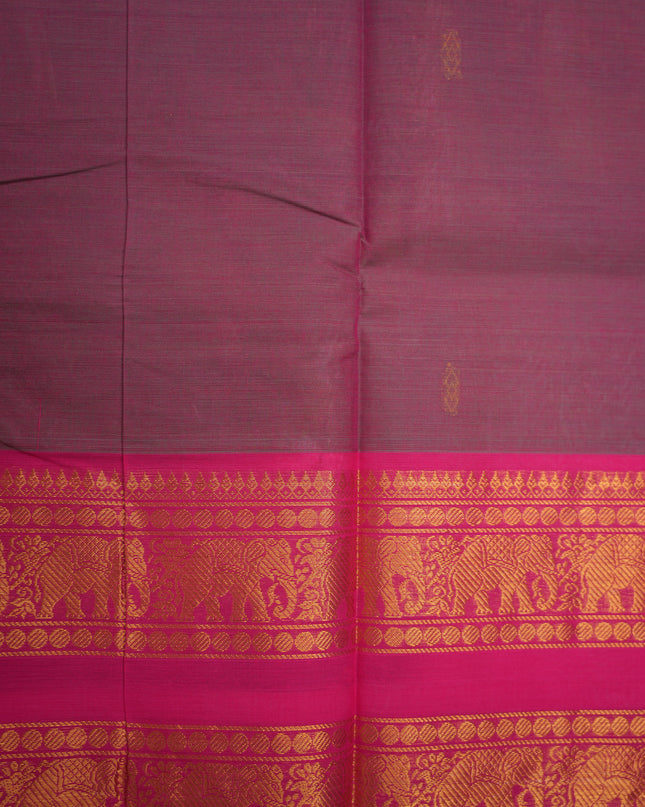 Premium Kanchi Handloom Cotton Saree in Rich Maroon Wine with Gold Butta Motifs & Rich Gold Zari Rani Pink Elephant Border
