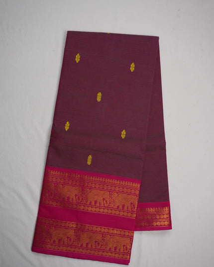 Premium Kanchi Handloom Cotton Saree in Rich Maroon Wine with Gold Butta Motifs & Rich Gold Zari Rani Pink Elephant Border