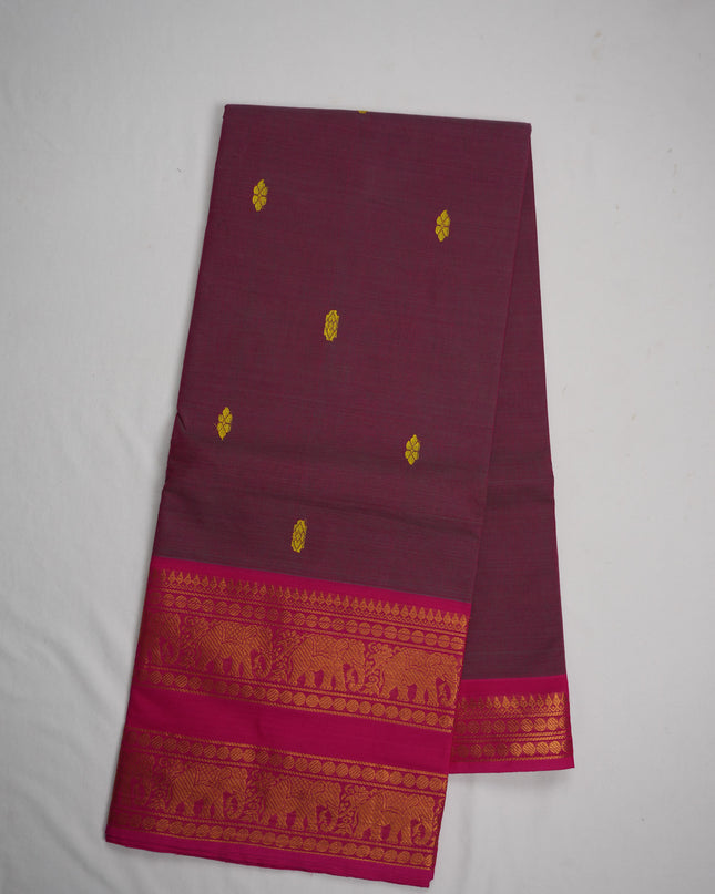 Premium Kanchi Handloom Cotton Saree in Rich Maroon Wine with Gold Butta Motifs & Rich Gold Zari Rani Pink Elephant Border