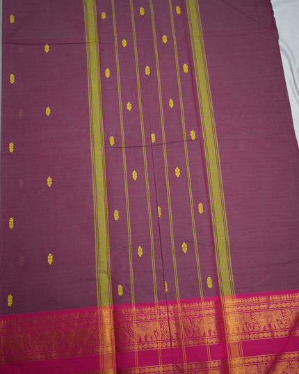 Premium Kanchi Handloom Cotton Saree in Rich Maroon Wine with Gold Butta Motifs & Rich Gold Zari Rani Pink Elephant Border