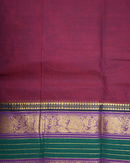 Premium Kanchi Handloom Cotton Saree in Rich Maroon Wine with Traditional Gold Zari Floral-Paisley Weaving & Contrast Emerald Green-Royal Purple Border