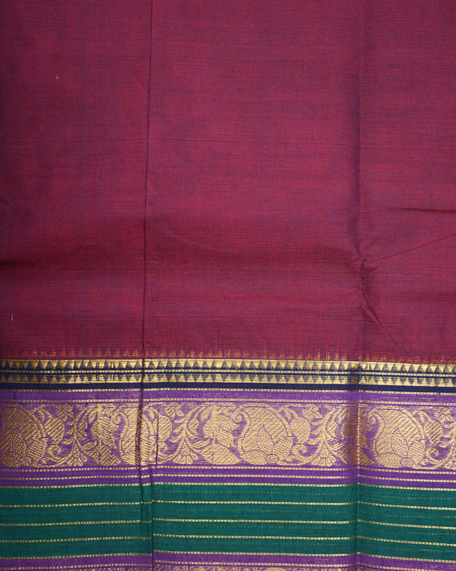 Premium Kanchi Handloom Cotton Saree in Rich Maroon Wine with Traditional Gold Zari Floral-Paisley Weaving & Contrast Emerald Green-Royal Purple Border
