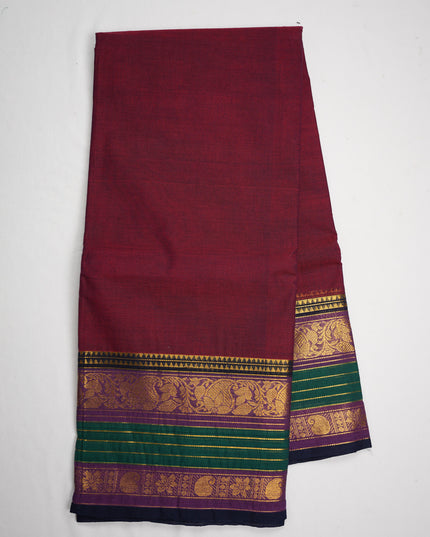 Premium Kanchi Handloom Cotton Saree in Rich Maroon Wine with Traditional Gold Zari Floral-Paisley Weaving & Contrast Emerald Green-Royal Purple Border