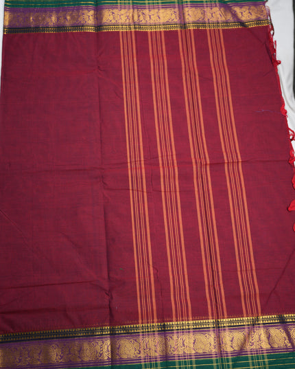 Premium Kanchi Handloom Cotton Saree in Rich Maroon Wine with Traditional Gold Zari Floral-Paisley Weaving & Contrast Emerald Green-Royal Purple Border