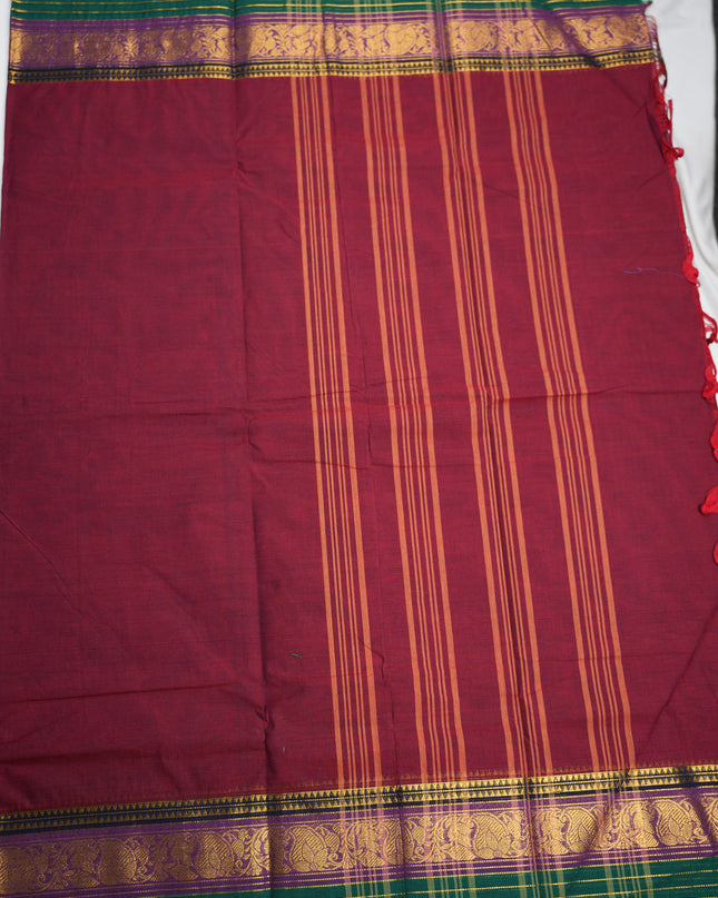 Premium Kanchi Handloom Cotton Saree in Rich Maroon Wine with Traditional Gold Zari Floral-Paisley Weaving & Contrast Emerald Green-Royal Purple Border