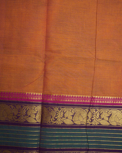 Premium Kanchi Handloom Cotton Saree in Warm Copper Orange with Traditional Gold Zari Floral-Paisley Weaving & Contrast Charcoal Grey-Rani Pink Border
