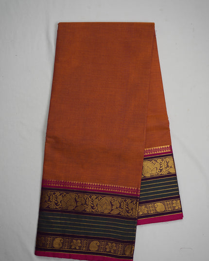 Premium Kanchi Handloom Cotton Saree in Warm Copper Orange with Traditional Gold Zari Floral-Paisley Weaving & Contrast Charcoal Grey-Rani Pink Border