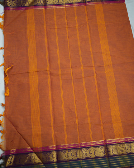 Premium Kanchi Handloom Cotton Saree in Warm Copper Orange with Traditional Gold Zari Floral-Paisley Weaving & Contrast Charcoal Grey-Rani Pink Border