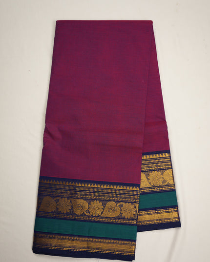 Premium Kanchi Handloom Cotton Saree in Deep Royal Purple with Traditional Gold Zari Floral-Paisley Weaving & Contrast Emerald Green-Navy Blue Border