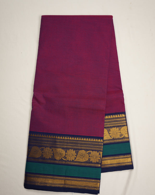 Premium Kanchi Handloom Cotton Saree in Deep Royal Purple with Traditional Gold Zari Floral-Paisley Weaving & Contrast Emerald Green-Navy Blue Border