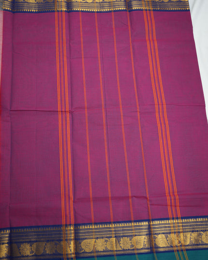 Premium Kanchi Handloom Cotton Saree in Deep Royal Purple with Traditional Gold Zari Floral-Paisley Weaving & Contrast Emerald Green-Navy Blue Border