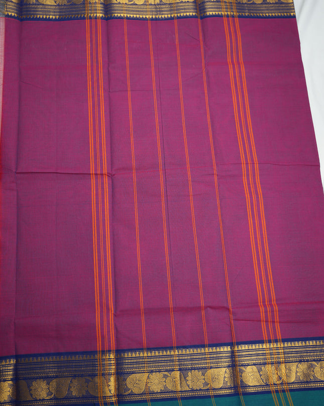 Premium Kanchi Handloom Cotton Saree in Deep Royal Purple with Traditional Gold Zari Floral-Paisley Weaving & Contrast Emerald Green-Navy Blue Border