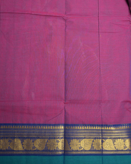 Premium Kanchi Handloom Cotton Saree in Deep Royal Purple with Traditional Gold Zari Floral-Paisley Weaving & Contrast Emerald Green-Navy Blue Border
