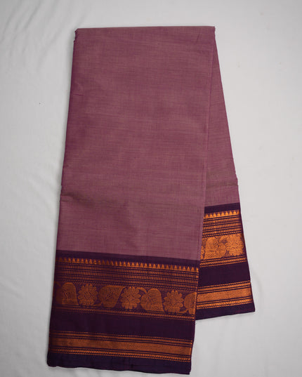 Premium Kanchi Handloom Cotton Saree in Soft Lavender Mauve with Traditional Gold Zari Floral-Paisley Weaving & Contrast Deep Royal Purple Border