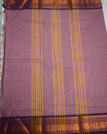 Premium Kanchi Handloom Cotton Saree in Soft Lavender Mauve with Traditional Gold Zari Floral-Paisley Weaving & Contrast Deep Royal Purple Border