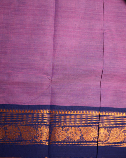 Premium Kanchi Handloom Cotton Saree in Soft Orchid Lavender with Traditional Gold Zari Floral-Paisley Weaving & Contrast Royal Navy Blue Border