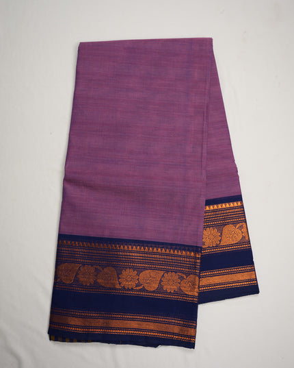 Premium Kanchi Handloom Cotton Saree in Soft Orchid Lavender with Traditional Gold Zari Floral-Paisley Weaving & Contrast Royal Navy Blue Border