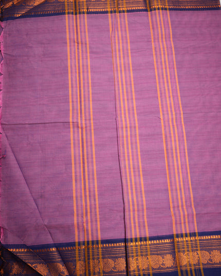 Premium Kanchi Handloom Cotton Saree in Soft Orchid Lavender with Traditional Gold Zari Floral-Paisley Weaving & Contrast Royal Navy Blue Border