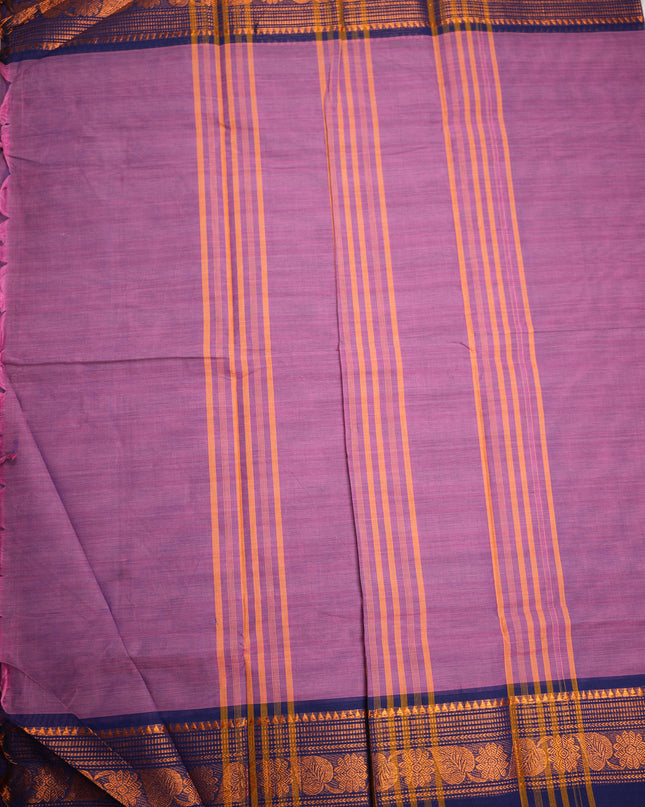 Premium Kanchi Handloom Cotton Saree in Soft Orchid Lavender with Traditional Gold Zari Floral-Paisley Weaving & Contrast Royal Navy Blue Border
