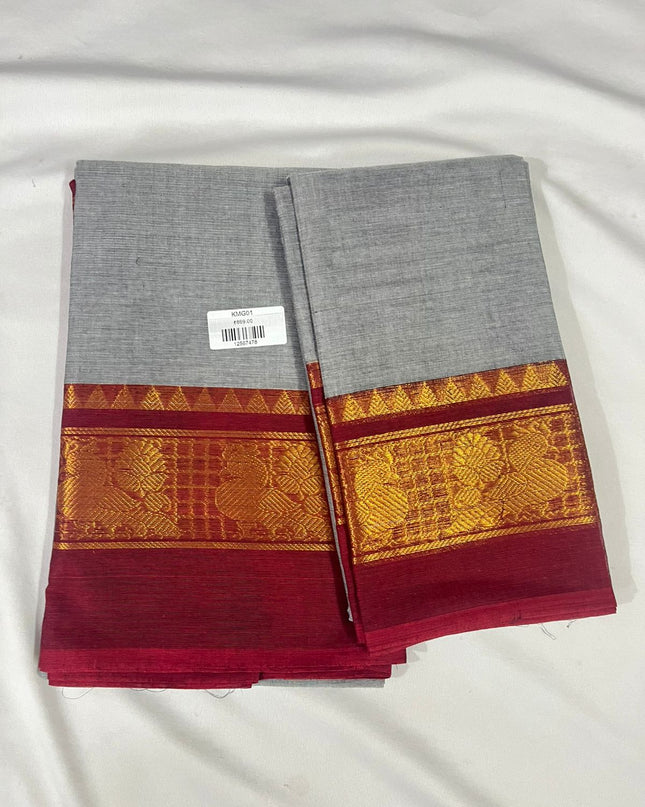 Silver Grey with Maroon Border Traditional Kanchi 2PC Dress Material with Zari Border | Top & Dupatta Set