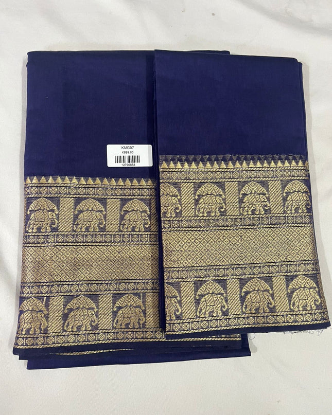Midnight Navy Blue Traditional Kanchi 2PC Dress Material with Thread Border | Top & Dupatta Set