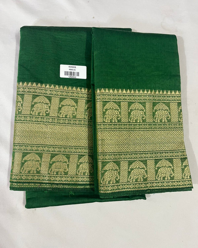 Emerald Green with Gold Border Traditional Kanchi 2PC Dress Material with Thread Border | Top & Dupatta Set