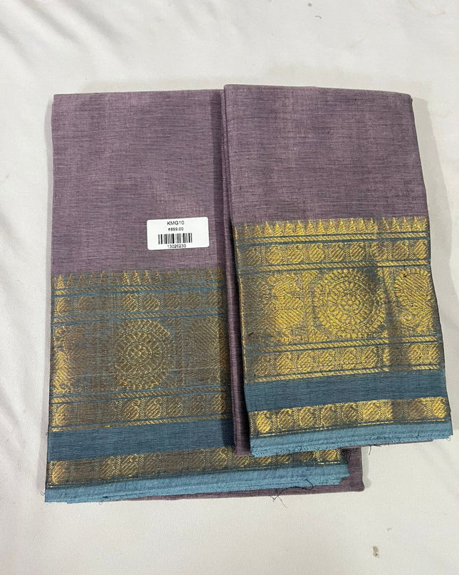 Dusty Lavender with Teal Blue Border Traditional Kanchi 2PC Dress Material with Zari Border | Top & Dupatta Set