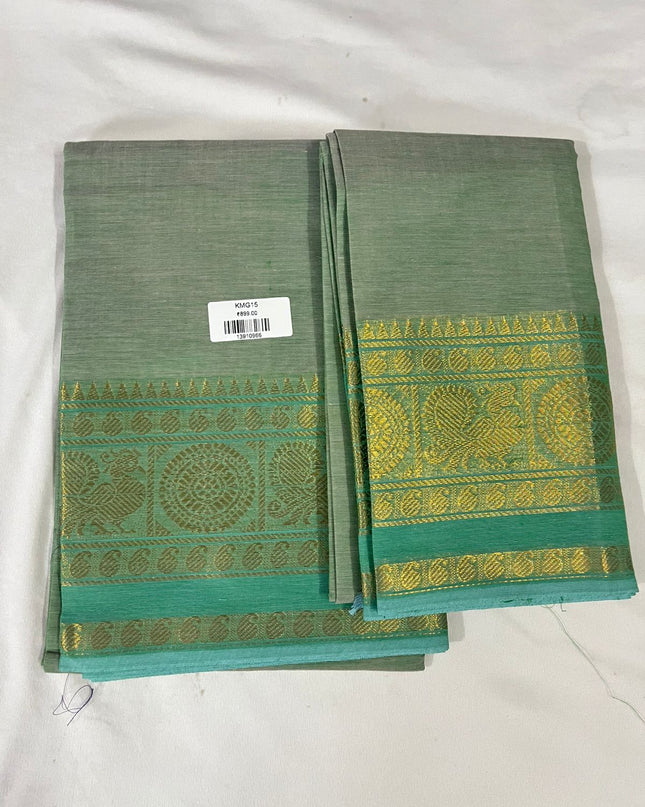 Traditional Kanchi 2PC Dress Material with Zari Border | Top & Dupatta Set Sage Green