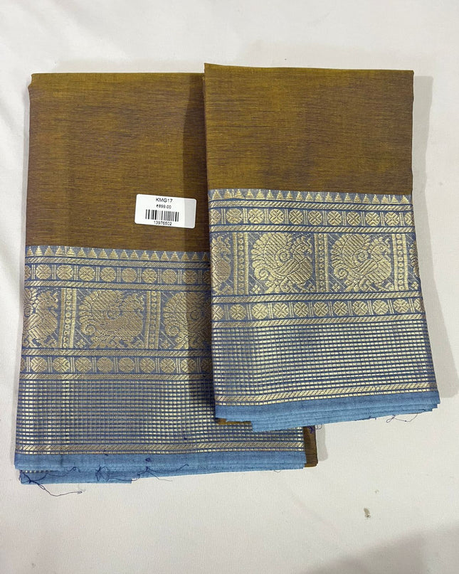 Antique Bronze Brown with Sky Blue Border Traditional Kanchi 2PC Dress Material with Thread Border | Top & Dupatta Set