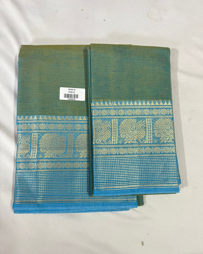 Sea Green with Aqua Blue Border Traditional Kanchi 2PC Dress Material with Thread  Border | Top & Dupatta Set