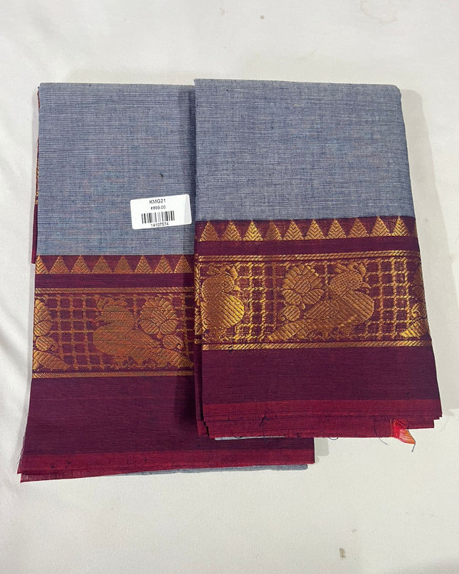 Steel Blue with Wine Border Traditional Kanchi 2PC Dress Material with Zari Border | Top & Dupatta Set