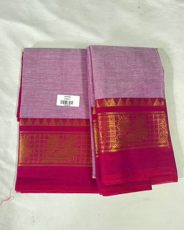 Pastel Pink with Rani Pink Border Traditional Kanchi 2PC Dress Material with Zari Border | Top & Dupatta Set
