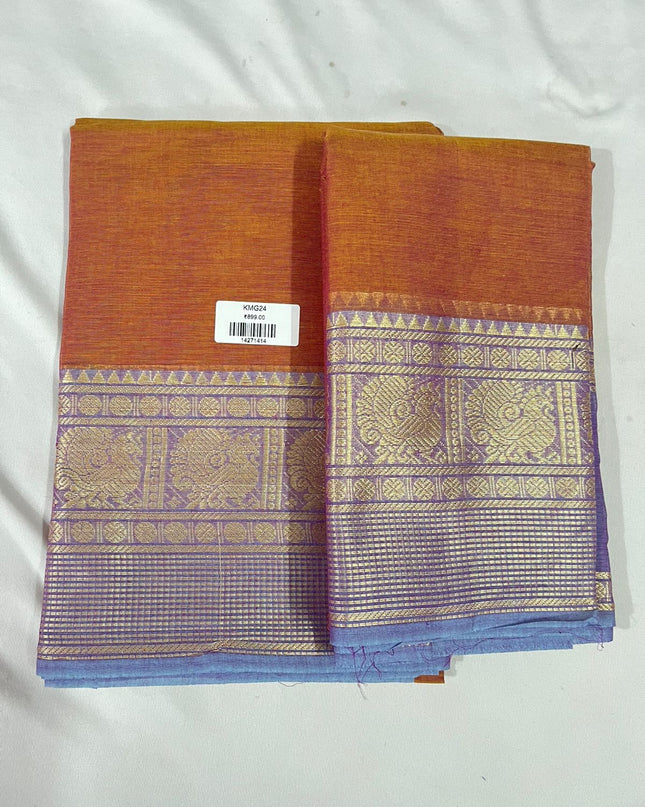Apricot Orange with Lavender Border Traditional Kanchi 2PC Dress Material with Thread Border | Top & Dupatta Set