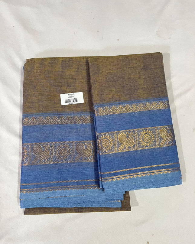 Coffee Brown with Royal Blue Border Traditional Kanchi 2PC Dress Material with Zari Border | Top & Dupatta Set