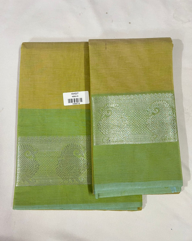 Raws Mango Green with Pistachio Border Traditional Kanchi 2PC Dress Material with Zari Border | Top & Dupatta Set