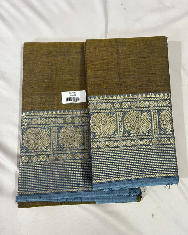 Antique Olive with Sky Blue Border Traditional Kanchi 2PC Dress Material with Thread Border | Top & Dupatta Set